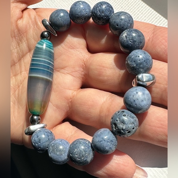 INDONESIAN BLUE CORAL + STRIPED AGATE STONES NATURAL BRACELET sz 7” - Picture 11 of 11